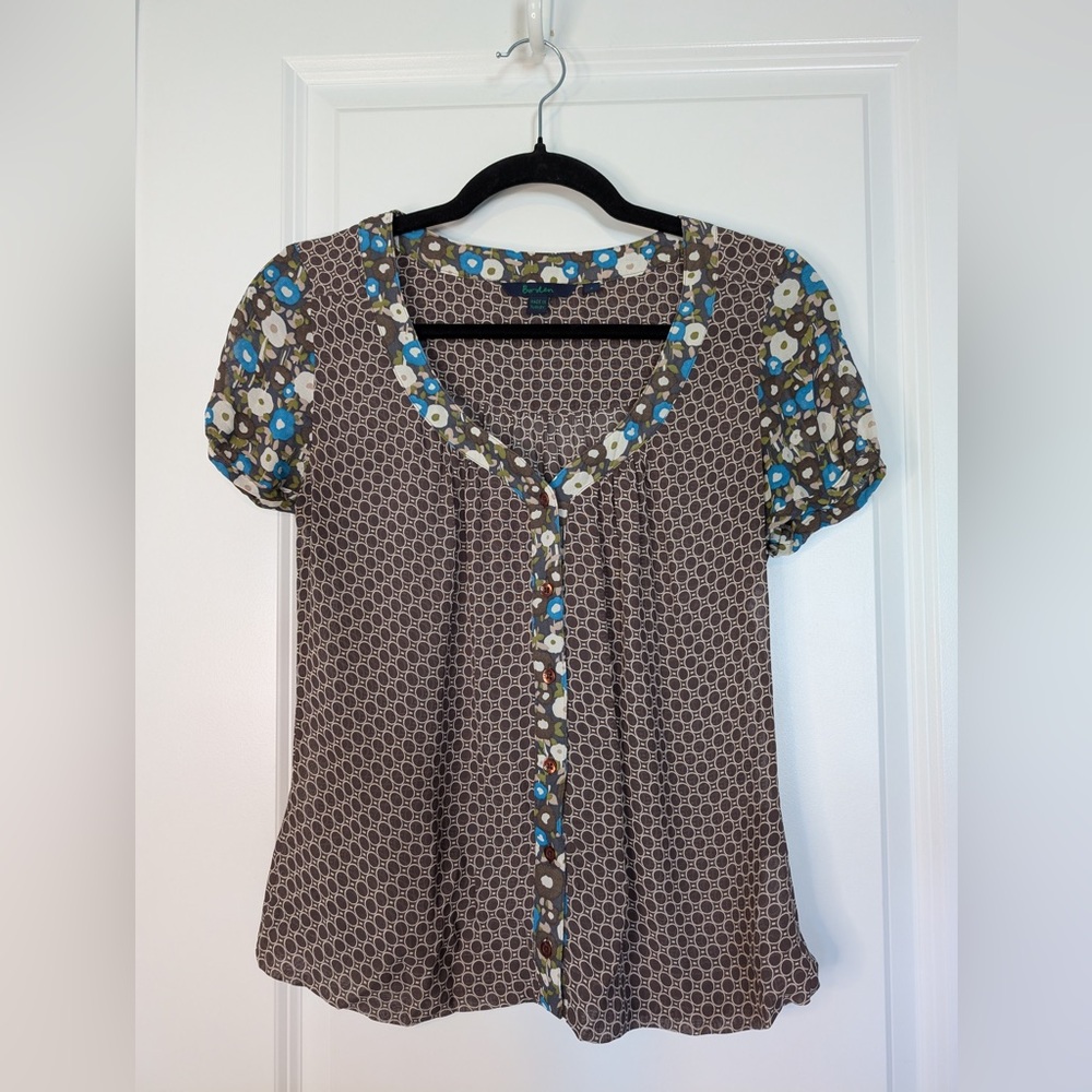 Boden Brown Blouse with Blue, White & Green Floral Trim